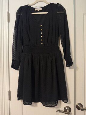 Loft Petites Black Swiss Dot Long Sleeve Dress, Size SP